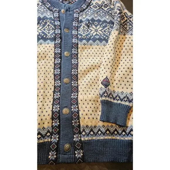 Wool NORDSTRIKK Norway Blue White Metal buttons CARDIGAN SWEATER MEN'S Sz medium - Picture 2 of 3